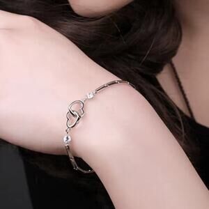 925 Sterling Silver & CZ Double Heart Link Bracelet Women's Anniversary Birthday